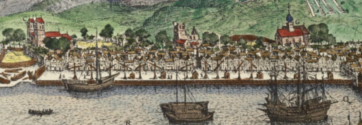 Berre nokon fine bilete.
Dette er den eldste teikninga av Bryggen, frå 1588. Desse husa var bygd etter 1476, då heile Bryggen brann ned. Husgavlane er ikkje heilt som no - litt uklart om det faktisk såg akkurat slik ut eller ikkje, for alt dette brann ned i 1702.