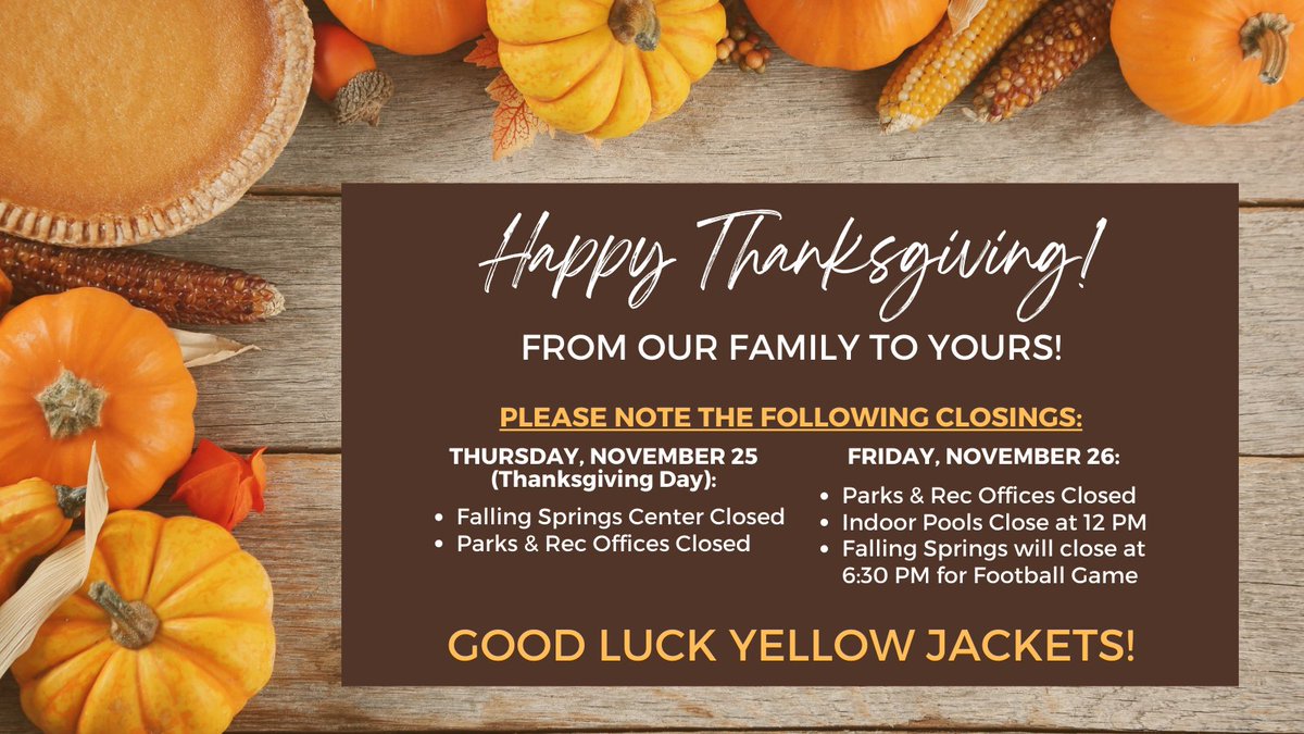 VWCParksRec's tweet image. Even through the challenges of the past 2 yrs, there is still so much for which to be grateful!  For us here at Parks &amp;amp; Rec, that includes YOU!! Happy Thanksgiving!  🦃
Please note the closings below as you plan your visit to Falling Springs or the Parks &amp;amp; Rec offices this week!