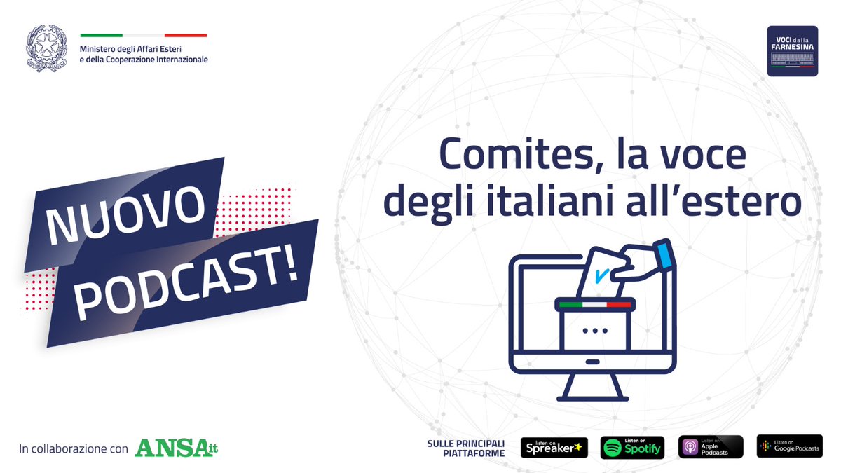 #VociFarnesina🎙️
In questi giorni si vota per i #ComItEs, i Comitati che rappresentano gli italiani all’estero nei rapporti con Ambasciate e Consolati italiani, e per l’inserimento dei nostri connazionali nei Paesi in cui operano  

Ascolta il #podcast▶️  spreaker.com/episode/476175…