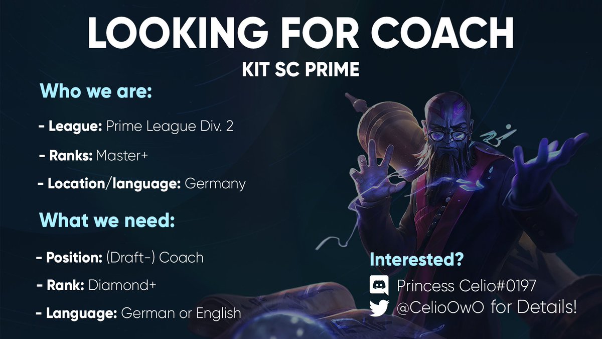 kitscesports's tweet photo. You're a coach or know someone who's looking for a position?

➡ KIT SC PRIME is looking for a coach to add to our main PrimeLeague team, especially for draft.

You're interested?
📧 Contact @CelioOwO for further details! https://t.co/V2KvziNNNC