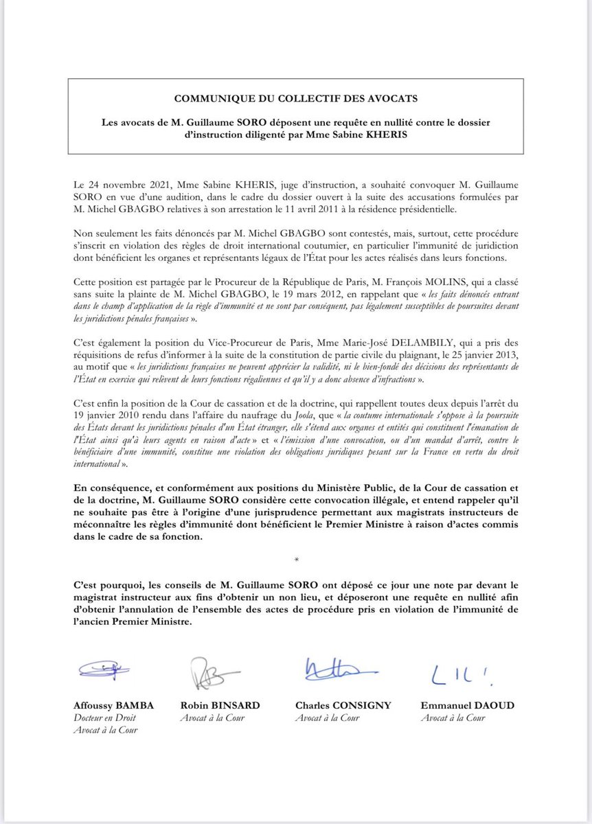 Les conseils de @SOROKGUILLAUME ont déposé ce jour une note par devant Mme Sabine KHÉRIS aux fins d’obtenir un non lieu et vont demander l’annulation de l’ensemble des actes de procédure pris en violation de l’immunité pénale de l’ancien Premier Ministre… #Me_ABL