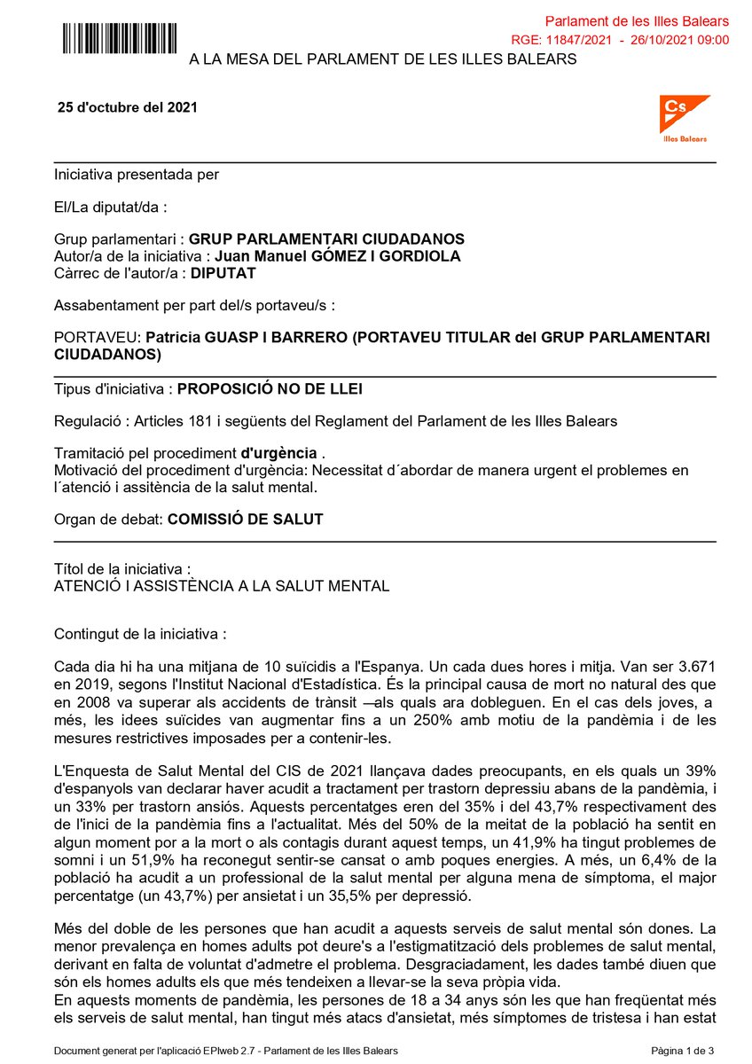 JuanMaGomezCs's tweet photo. 👥#ComSalut @ParlamentIB aprueba Proposición No de Ley @CsBaleares que insta a @goib a aumentar presupuesto, recursos asistenciales y profesionales sanitarios para garantizar una adecuada atención multidisciplinar a la #SaludMental que se ha visto más agravada por la #pandemia https://t.co/HJPLOpvehj