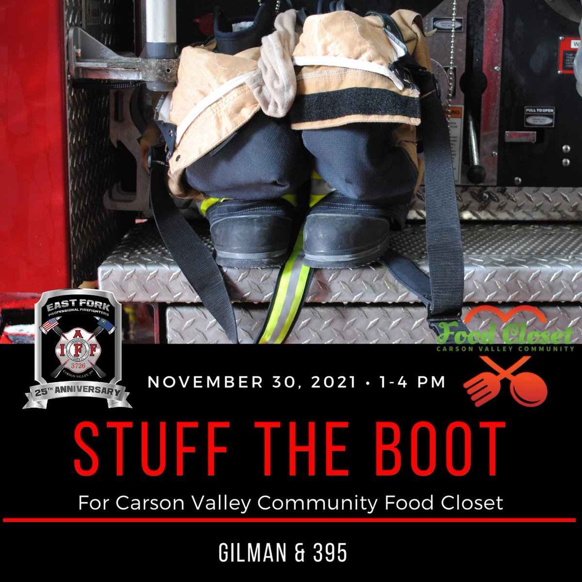 EFPFirefighters's tweet photo. #GivingTuesday is not only virtual. Come on down to the corner of Gillman and 395 on Nov. 30 from 1-4 pm to Stuff the Boot for the Carson Valley Community Food Closet.
#StuffTheBoot #CarsonValley #EFPF #PFFN #IAFF #HomeMeansNevada #DouglasFightsHunger #DouglasCountyNV https://t.co/yAh0E5c967