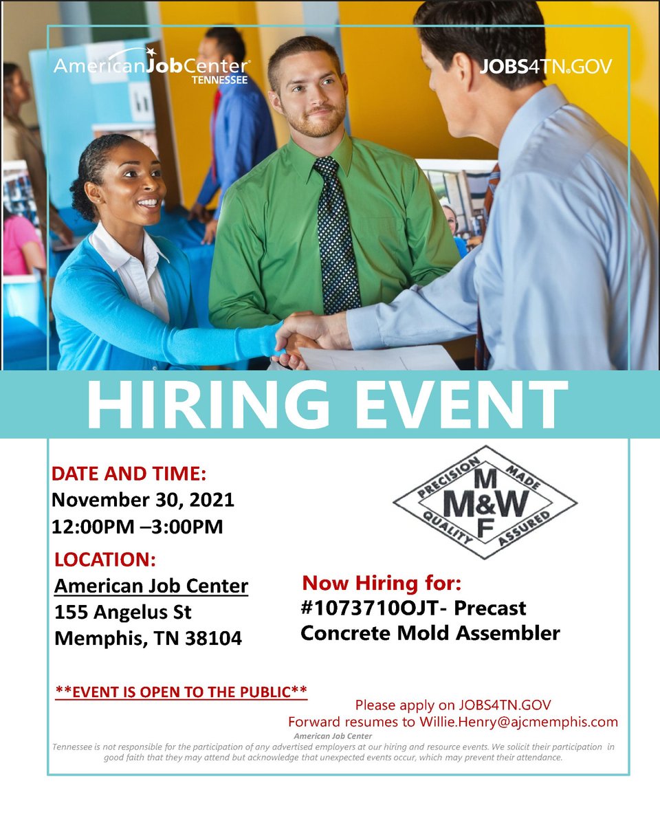 The American Job Center will host a hiring event with Memphis Machine Works on Tuesday, Nov. 30,  from 12-3 p.m. at the Angelus St. American Job Center. 

Memphis Machine Works is open to training interested candidates with no prior work experience.