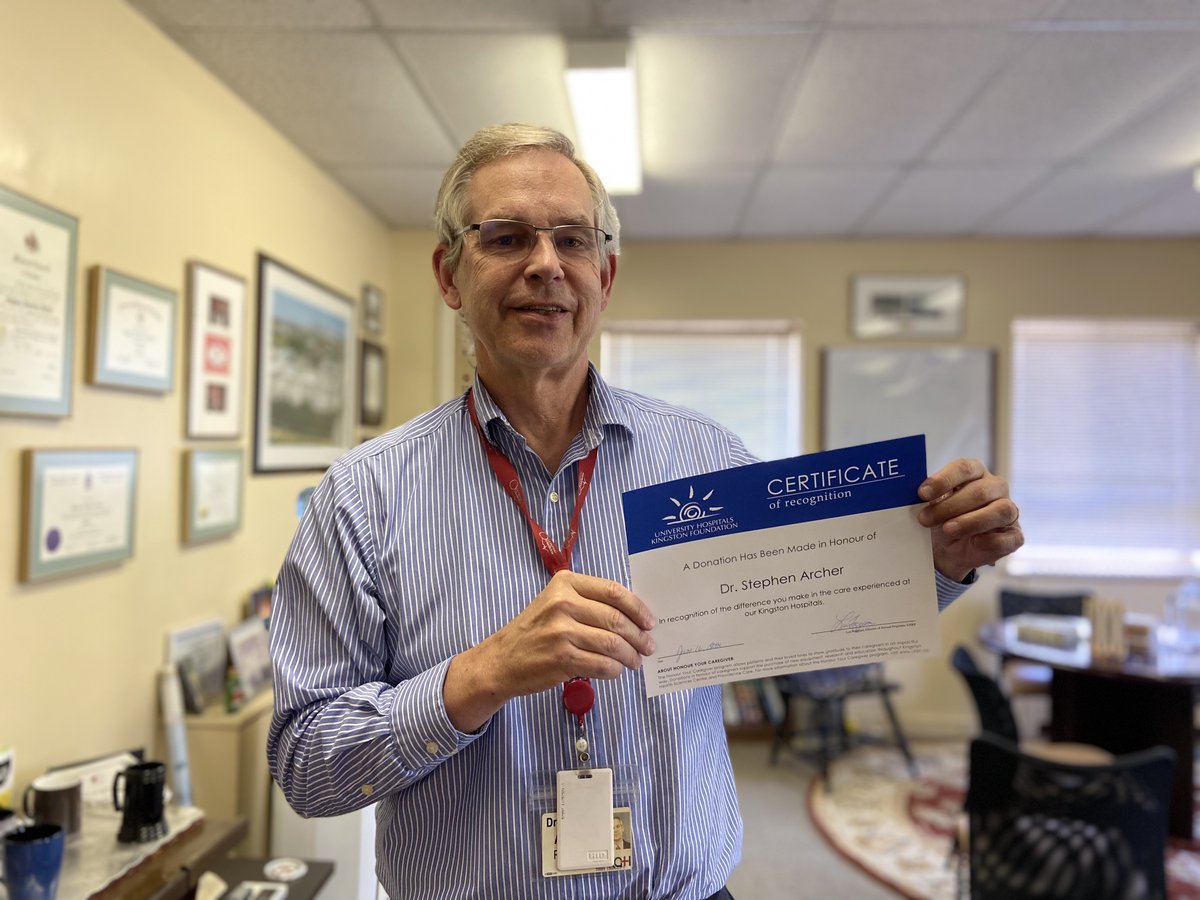 QueensuDOM's tweet photo. A generous donation of $100,000 received in honour of @DrStephenArcher and KHSC Cardiology through @UHKF Honour Your Caregiver! This gift will go towards a new POCUS machine, a new EMR system and a new database for KHSC's Heart Failure Clinic all improving patient care. https://t.co/6s54ngyopf