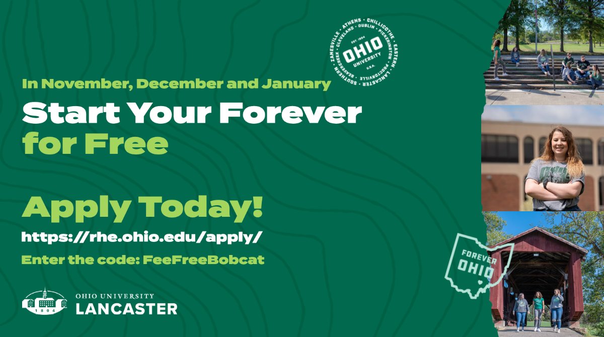 ohiou_lancaster's tweet photo. OHIO Lancaster wants you to begin your forever with us – for free! The application fee will be waived during November, December, and January.

Enter the code FeeFreeBobcat in the fee waiver code box on the “Application Information” page. 

Apply today @ https://t.co/EtYtof2hTX https://t.co/MEdFuCnF3p