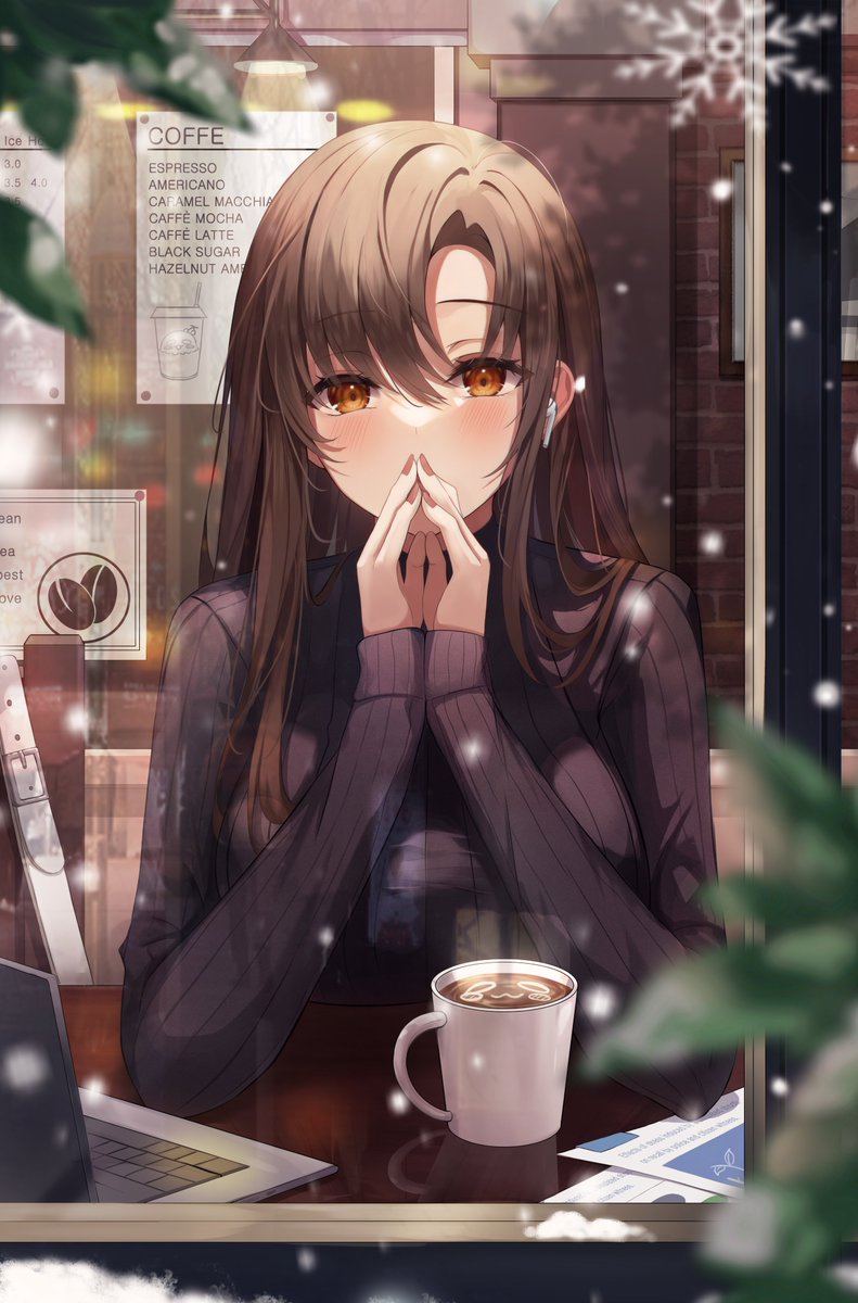 1girl solo brown hair black sweater sweater cup laptop  illustration images
