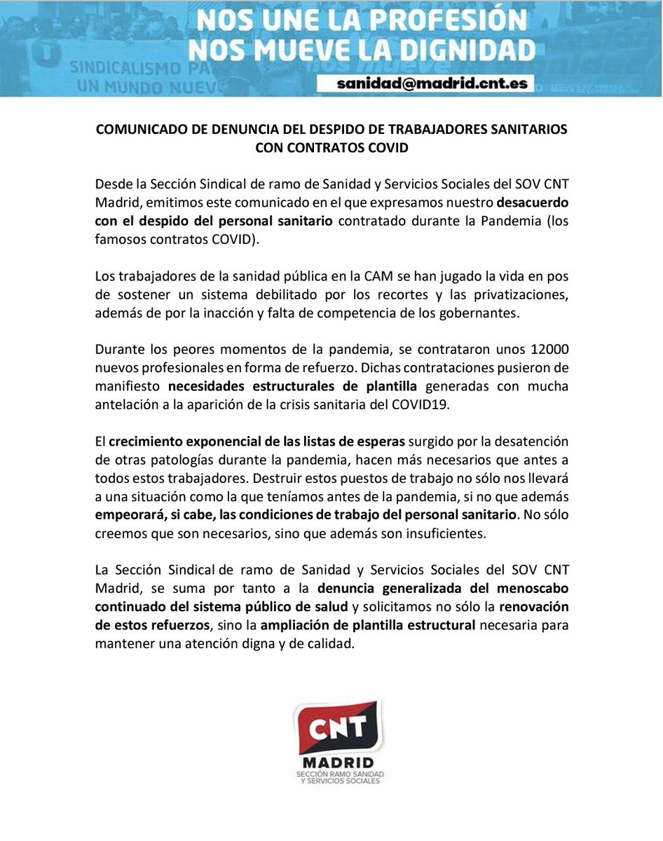 Esta denuncia de <a href="/CNTSaniMad/">CNT Sanidad y S. Sociales Madrid</a> es fundamental: Se despide al personal sanitario contratado durante la pandemia, l@s que se jugaron la vida por nosotr@s, personas esenciales a quienes aplaudimos desde las ventanas, reciben ahora la patada.
#Vergüenza #SanidadPública #CuentaConCNT