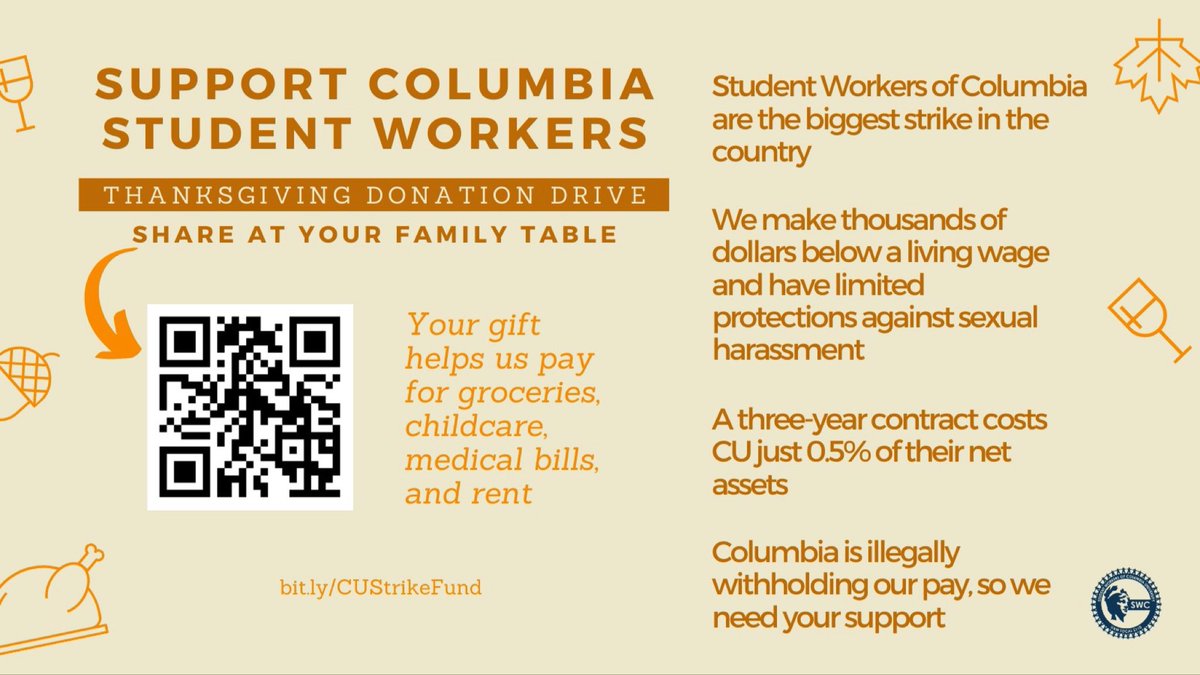 SW_Columbia's tweet image. When you sit down to enjoy your Thanksgiving meal with your family and have meaningful conversations, do talk about us and our fight for a dignified life in New York. 
#CUStrike #CUonStrike