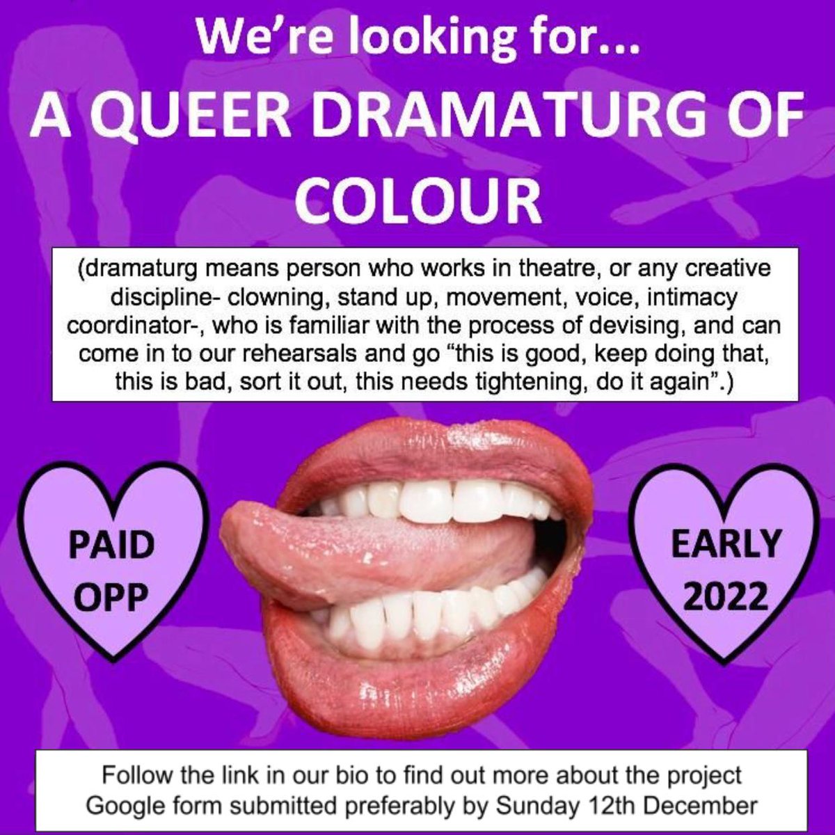 !! PAID JOB OPP !!

We're looking for a queer dramaturg of colour to work with us on our show in development. Please find job description and application form in the link in our bio xx pls share  💚💚

#artsopportunity #artsjobs