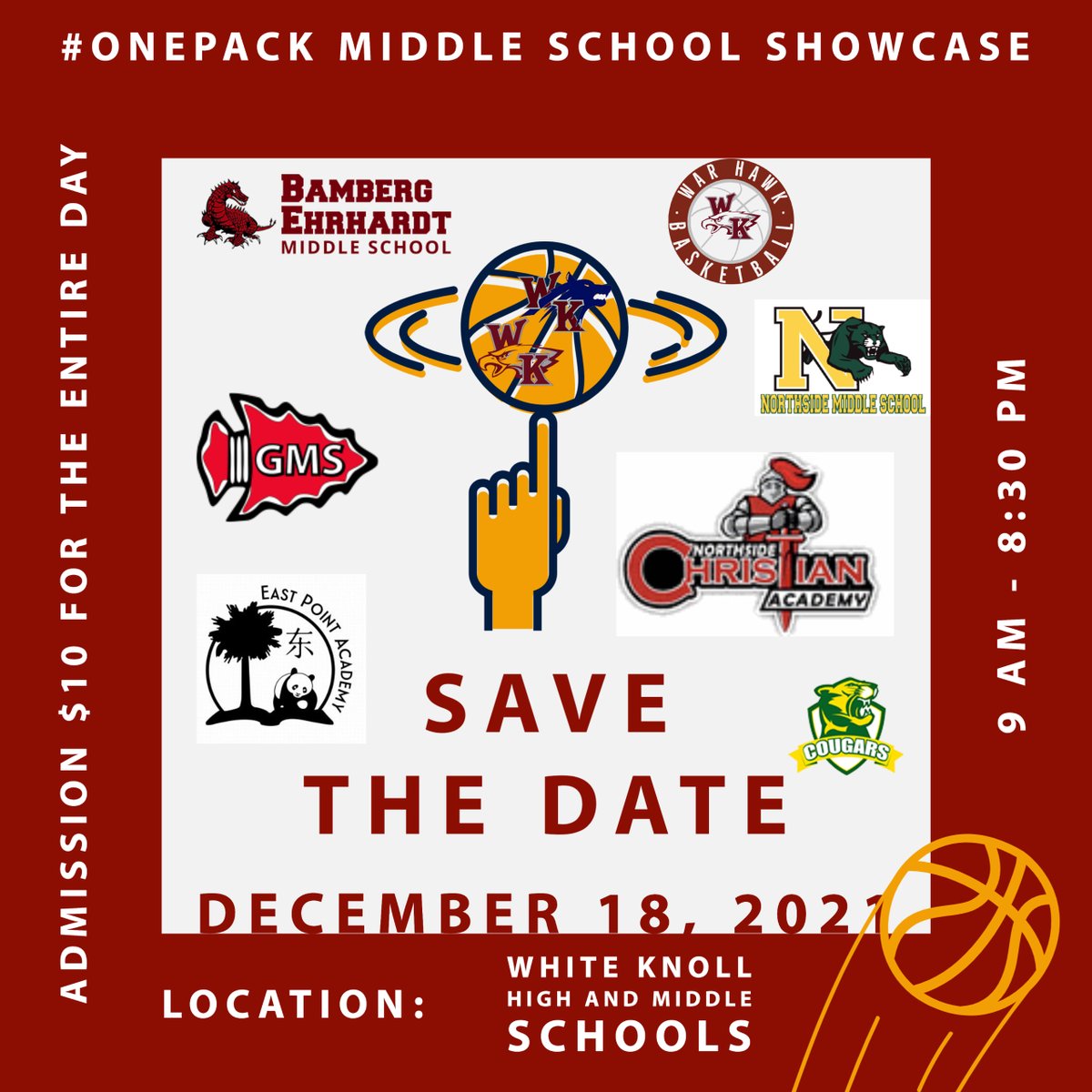 EXTREMELY excited about our first ever coed middle school basketball showcase coming up December 18 @WKMSHawks and @wk_timberwolves! Lots of incredible competition!  @NCAKnights @EastPoint_SC @GMSWarriors @NMScougars @PHMSCougars @BambergEhrhardt and YOUR White Knoll War Hawks!