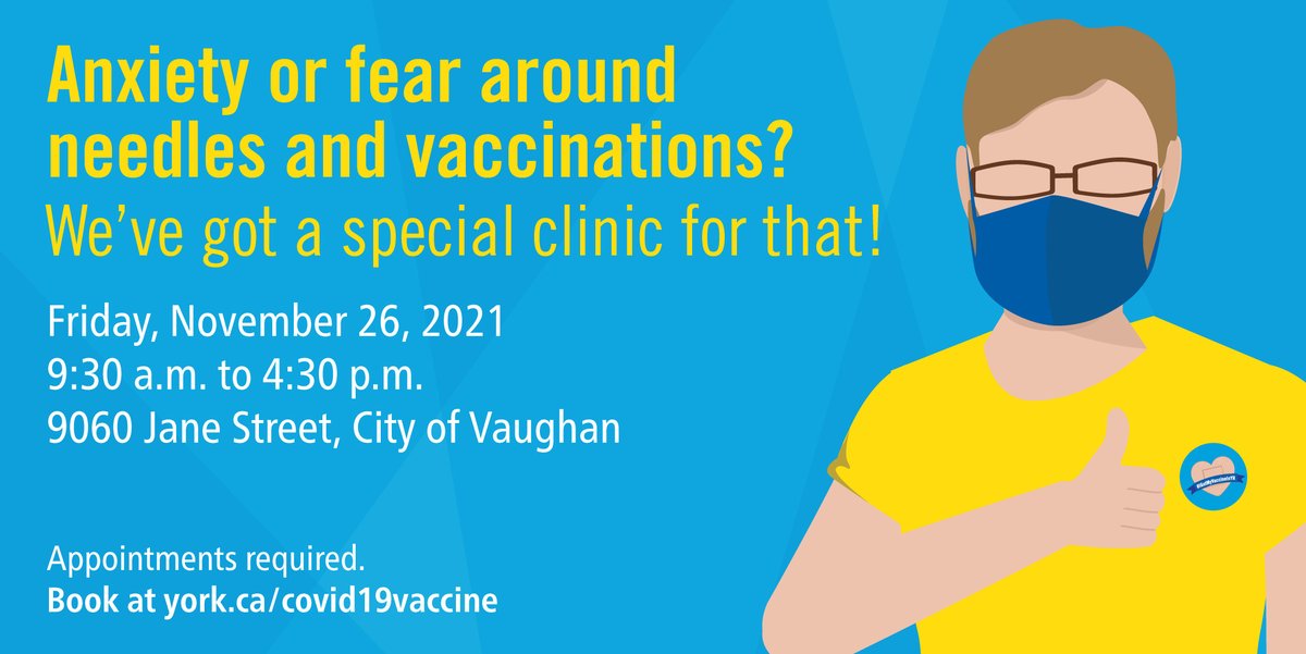 YorkRegionGovt's tweet photo. #YorkRegion is hosting a special vaccination clinic for anyone age 5+ who may have anxiety or fear around needles &amp; vaccinations.
✅ Longer appointment times 
✅Enhanced support from staff 
✅Coping mechanisms through the vaccination progress 
Learn more: https://t.co/h6b7g7GlYo https://t.co/604og7lscV