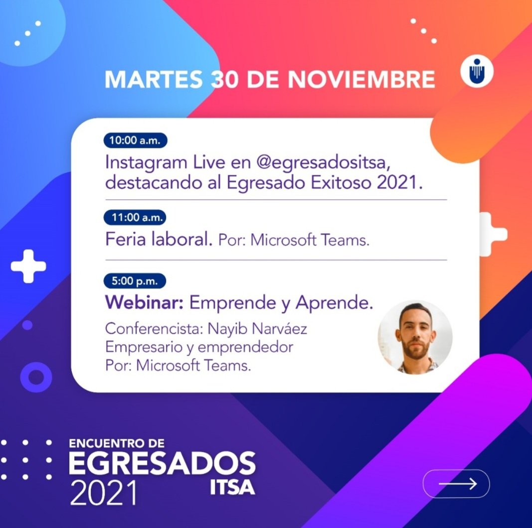 EgresadosIUB's tweet photo. #EgresadoITSA, vive experiencias, fortalece vínculos y participa de la actividad del #EncuentroDeEgresados, del 29 de noviembre al 3 de diciembre.

¡Disfruta de una jornada de concursos, Bingo, reconocimientos, feria laboral, conferencias, sesión interactiva y muchas sorpresas! https://t.co/DvCcTzdmRs