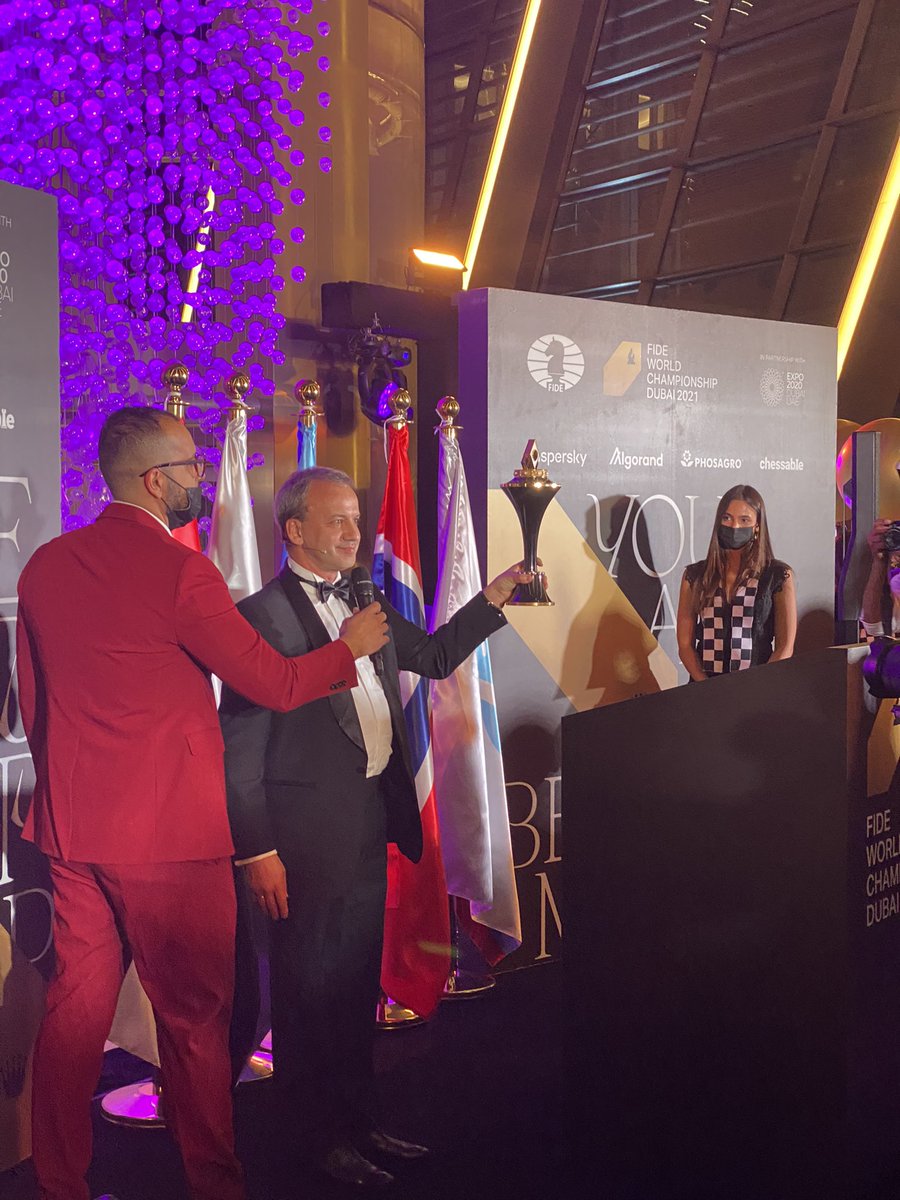 alexfilatoff's tweet photo. Congratulations on the opening of the match @FIDE_chess and @chessnft_com. And what a nice trophy awaiting @MagnusCarlsen or @lachesisq ! https://t.co/kDYtbs7J7e