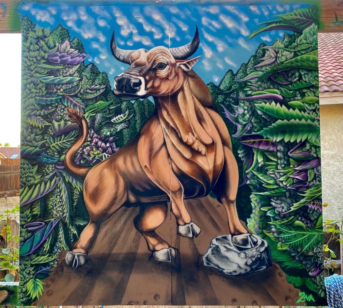 BACK ON MY BULLSHIT!!! My newest painting called “The Green Ox” has a new home in Garberville CA. Thank yous go out to @synergyjo4263 (Joelle Geppert) for putting up to the task!! HAPPY BIRTHDAY!!! Nuff love and respect to you, your family and your company!!