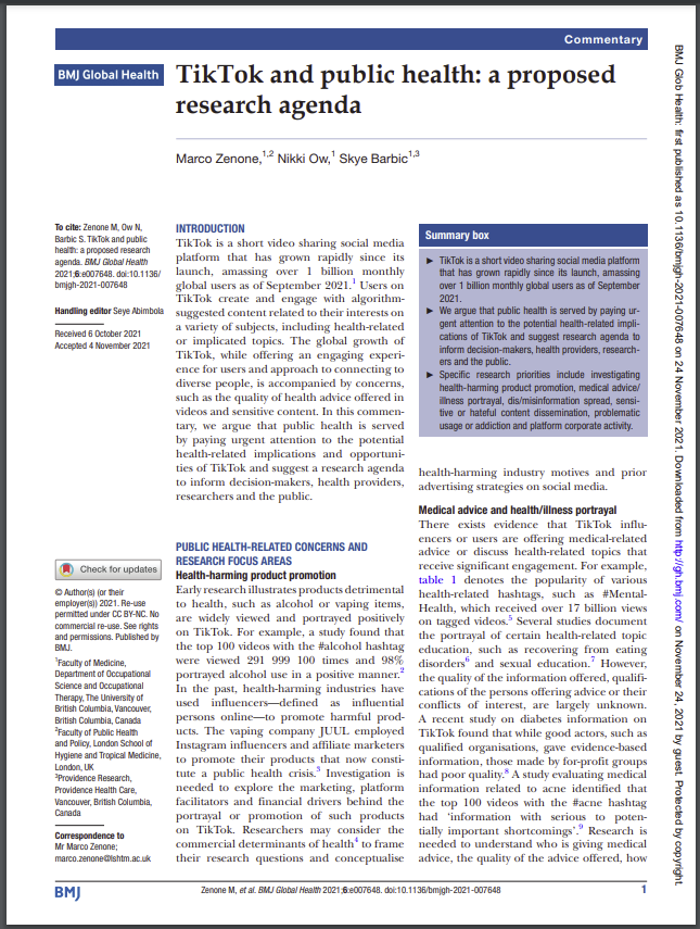 marco_zenone's tweet photo. New article out in @GlobalHealthBMJ outlining priorities for public health to research TikTok. With over 1+ billion users and little scholarly investigation, this research is urgent. @skye_barbic @UBCmedicine @LSHTM  https://t.co/Z3RR72rw4b https://t.co/zfuntVTJok