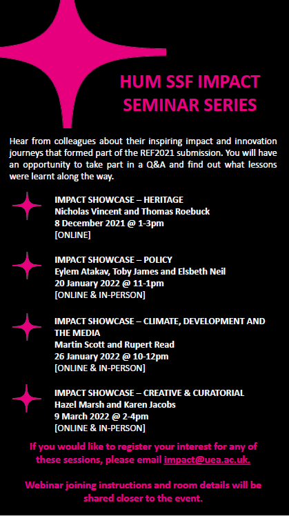 HUM_ResearchUEA's tweet photo. 📢 FAO @UEAResearch colleagues! 
Coming up: HUM/SSF Impact Showcase Series. 
Four themed sessions starting with HERITAGE on 8/12/21. 
Hear from colleagues about their inspiring Impact &amp; Innovation journeys &amp; take part in a live Q&amp;A✨
Please RSVP impact@uea.ac.uk @UEAImpact https://t.co/NKjmYZyLKo
