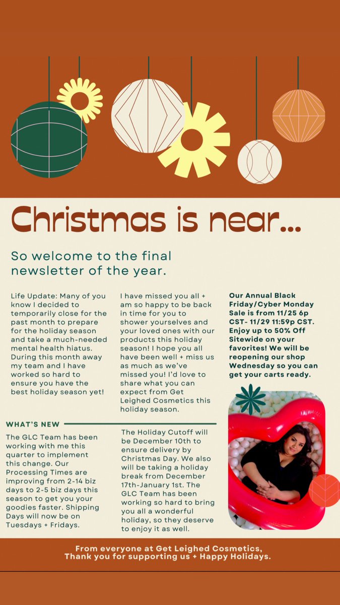 GetLeighedCos's tweet image. Final Newsletter of the Year. 🎄🎁
Happy to be back. We missed you all!
Black Friday starts 9AM CST TMRW!
getleighedcosmetics.com