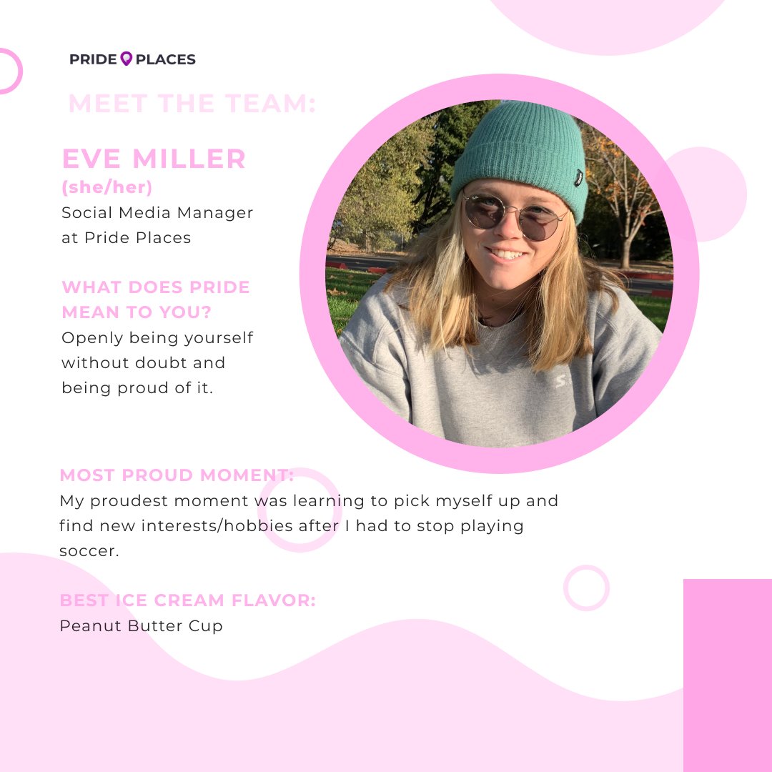 prideplacesHQ's tweet photo. Meet Eve! Eve is a third-year Journalism &amp; PR student at California State University, Chico. She loves understanding how social media is changing society around us and finding ways to make it a more judgement-free, inclusive place.

#meettheteam #LGBTQIA #pride #queer #gay #lgbtq https://t.co/sBuL0D6DtH