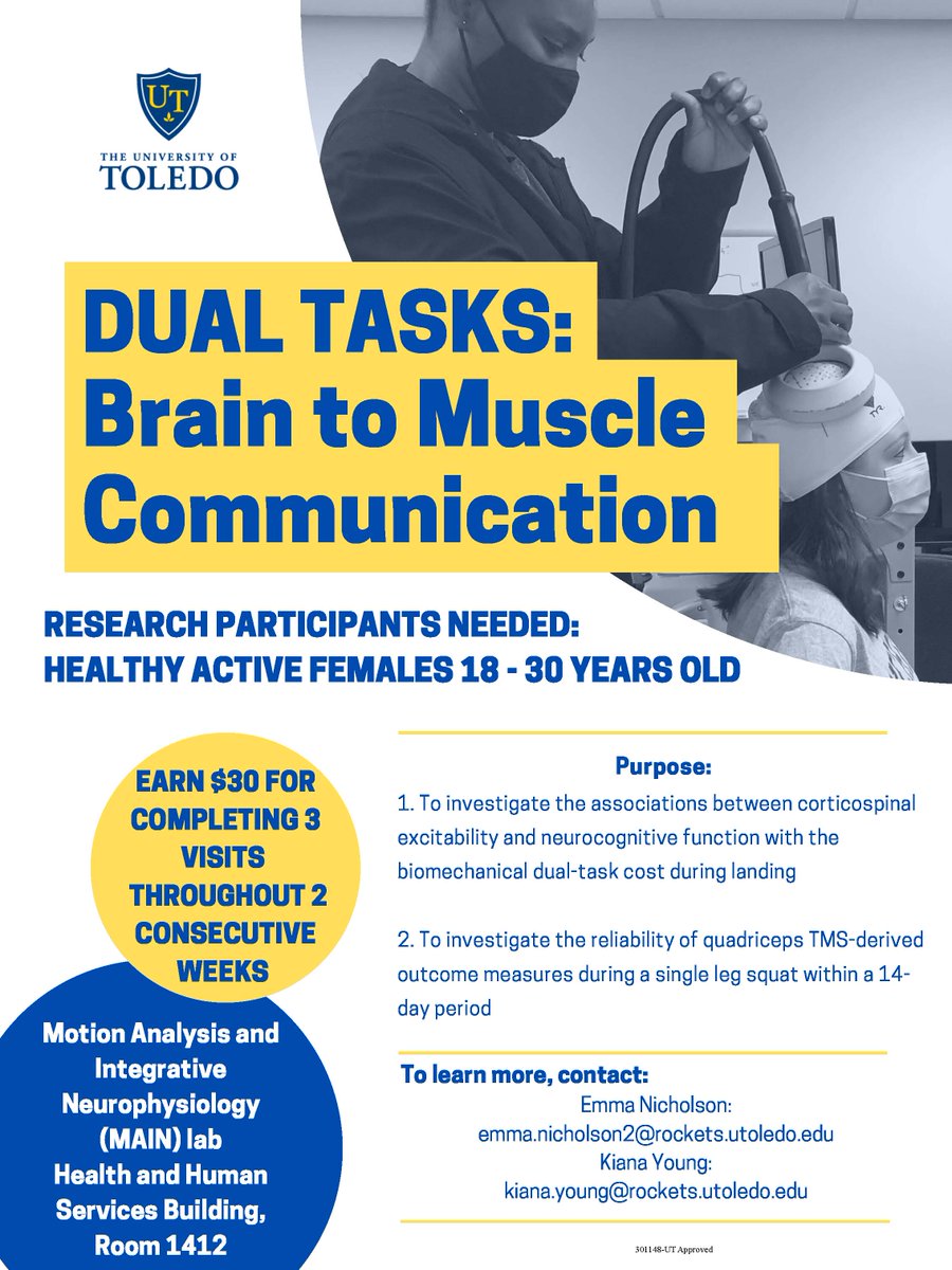 MAIN Lab (@utoledo_mainlab) on Twitter photo A great way to get #involved at <a href="/UToledo/">The University of Toledo</a> is to participate in research! Any healthy, active female 18-30 can earn $30 for this study. Contact <a href="/EmmaN_ATC/">Emma Nicholson, ATC</a> or @kiana_young for more information. <a href="/UTinvolvement/">UT Involvement</a> <a href="/UToledoCHHS/">UToledoCHHS</a> A great way to get #involved at <a href="/UToledo/">The University of Toledo</a> is to participate in research! Any healthy, active female 18-30 can earn $30 for this study. Contact <a href="/EmmaN_ATC/">Emma Nicholson, ATC</a> or @kiana_young for more information. <a href="/UTinvolvement/">UT Involvement</a> <a href="/UToledoCHHS/">UToledoCHHS</a>