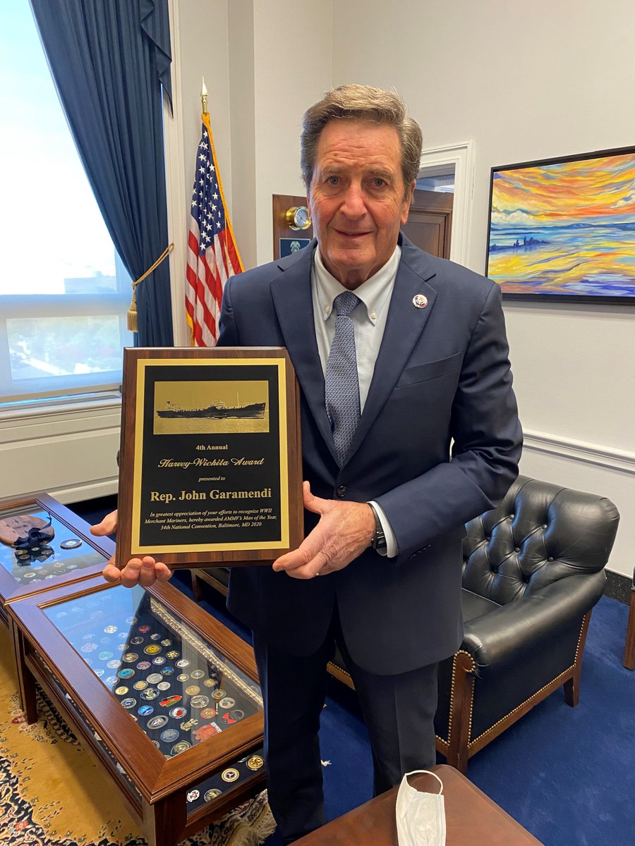 RepGaramendi's tweet photo. I'd like to thank the American Merchant Marine Veterans for honoring me with the 4th annual Harvey Wichita Award. I'm happy to have done my small part to ensure that World War II Merchant Mariners received the recognition they deserve for their bravery and sacrifice. https://t.co/uP6FA3B4xm