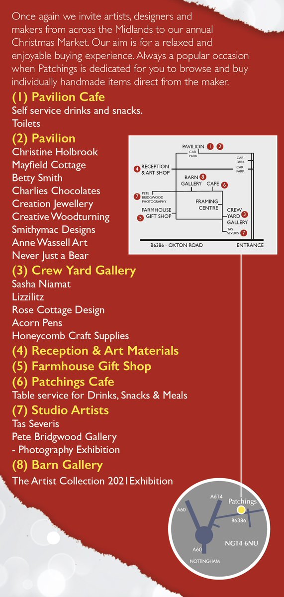 Looking ahead to Friday’s @PatchingsArt Christmas Market - further details are on the attached. Regulars will know this is an indoor event - planned this year with your safety in mind. Open Friday - 10am - the same for Saturday and Sunday. Ample free parking and free admission.