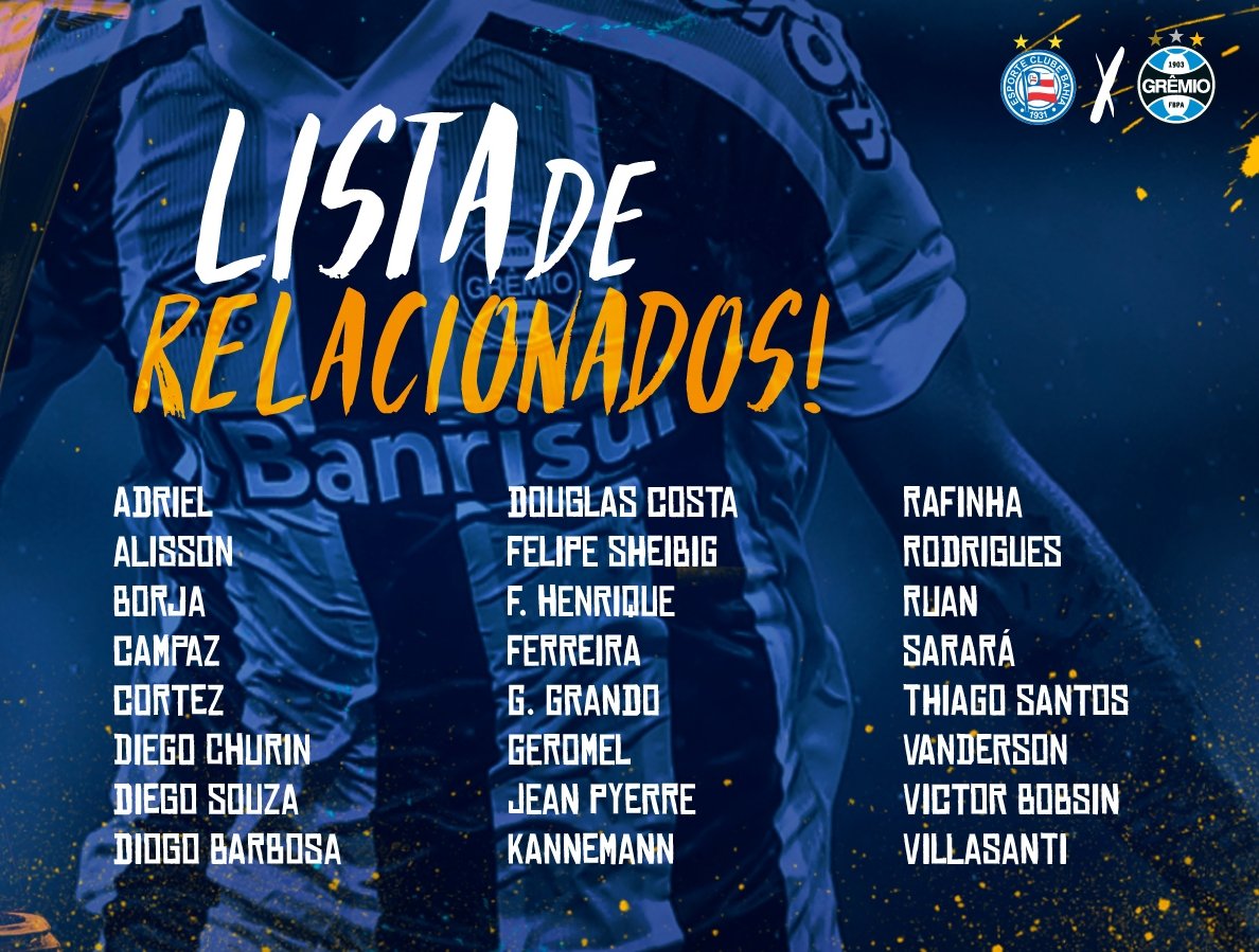 radiohtoficial's tweet photo. 📋 Lista de relacionados para a partida entre Bahia x Grêmio
#Grêmio #RadioHT #RTdoHospicio https://t.co/3RQDYi37Is