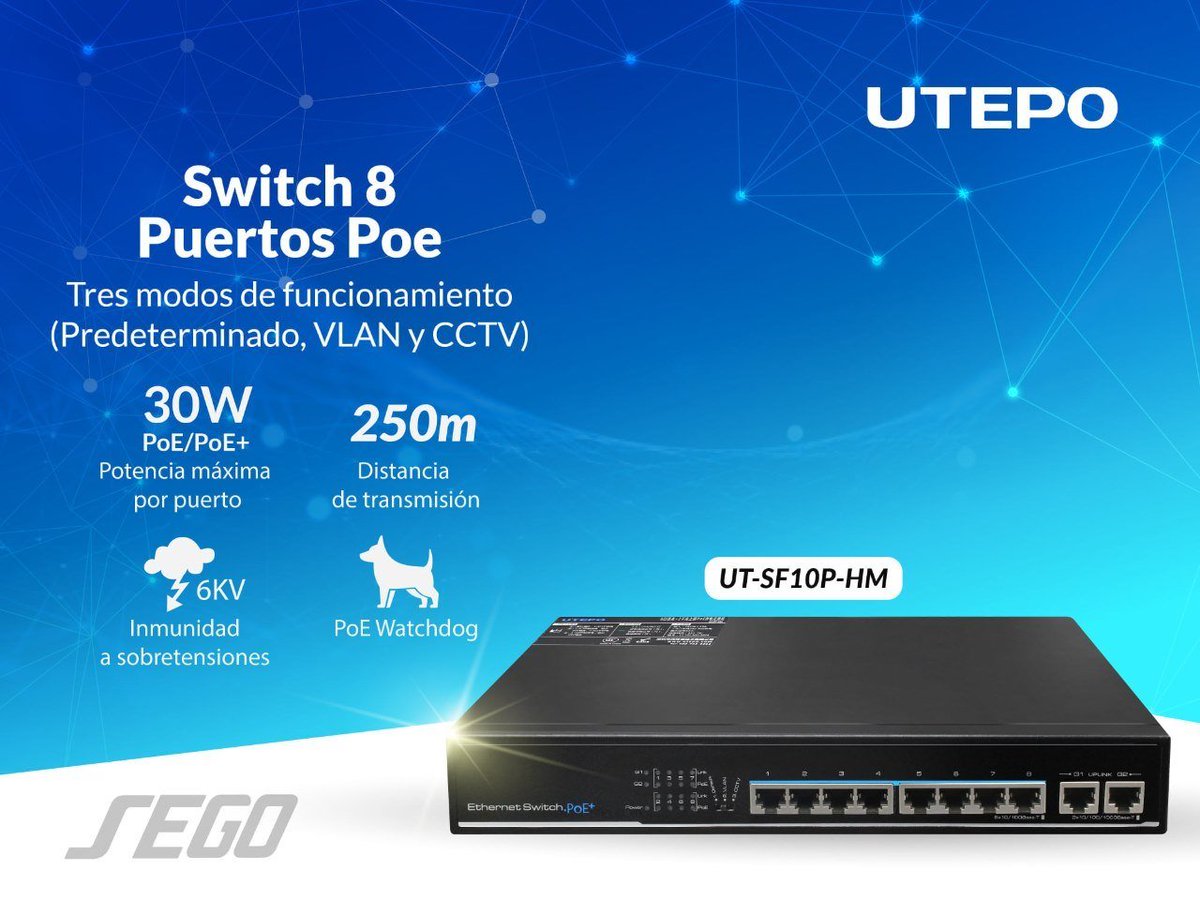 SegoSeguridad's tweet photo. SWITCH 8 PUERTOS | UT-SF10P-HM de UTEPO.
✅ Cómpralo en: https://t.co/e1qtECpQIV
▪️ 8 Puertos PoE y 2 puertos UPLINK
▪️ Inmunidad contra sobretensiones de 6KV.
▪️Tres modos de trabajo (predeterminado, VLAN, CCTV).
☑️ Únete como Distribuidor: https://t.co/VlKXwD7vTI
#Utepo. https://t.co/88AtvVGnxi