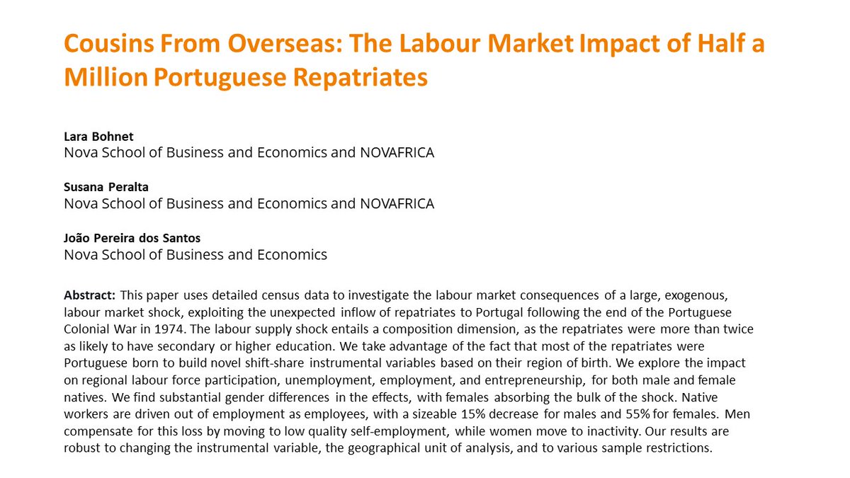 New <a href="/novafrica/">NOVAFRICA</a> WP!
"Cousins From Overseas: The Labour Market Impact of Half a Million Portuguese Repatriates".
<a href="/LaraBohnet/">Lara Bohnet</a>, <a href="/speraltalisboa/">Susana Peralta</a>, <a href="/JPSantos_econ/">João Pereira dos Santos</a> investigate the repatriation consequences of the Portuguese Colonial War. 
➡️ bit.ly/3FGhMAv
<a href="/NovaSBE/">NovaSBE</a>
#EconTwitter