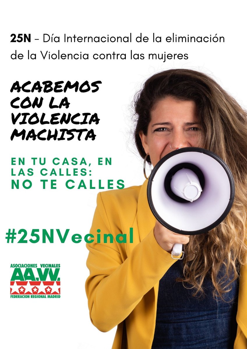 #25NVecinal
<a href="/FRAVM/">Federación Vecinal de Madrid</a>
#25N
#ViolenciaMachista
#ViolenciaContralasMujeres
Si descubres que una mujer está sufriendo violencia... en su casa, en las calles: No te calles
Las vecinas y los vecinos somos somos los ojos y los oídos en los barrios. No permitamos que persista la violencia.