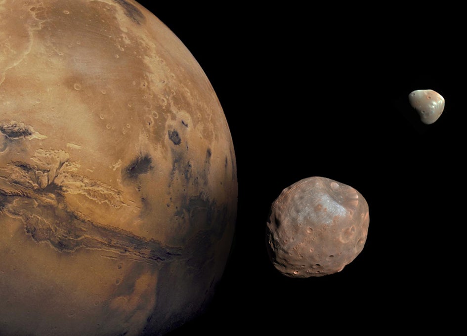 Mars with both its moons Phobos and Deimos source: NASA