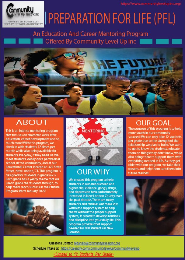 level_community's tweet photo. Mentoring program grades 6-12. If you interested in signing your student up you must go through a free 15min virtual intake to ensure this program is the right fit! Schedule your intake at:

https://t.co/nVaXo5yCRy
#CommunityLevelUp https://t.co/PZuM2y2TBs