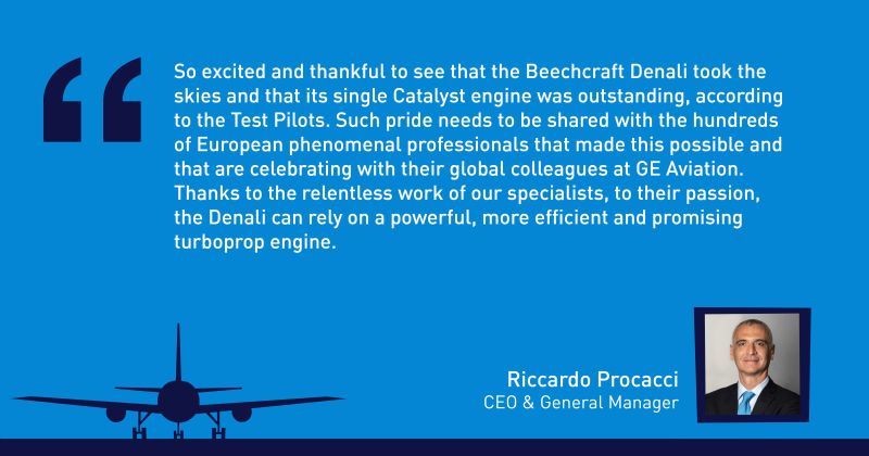 AvioAero's tweet photo. Celebrating the @Beechcraft #Denali successful maiden flight by @TextronAviation with the words of our CEO Riccardo Procacci … 🎉🛫 @GEAviation #Catalyst #AdvancedTurboprop https://t.co/EGVDqep7hH https://t.co/OhypQggGH2