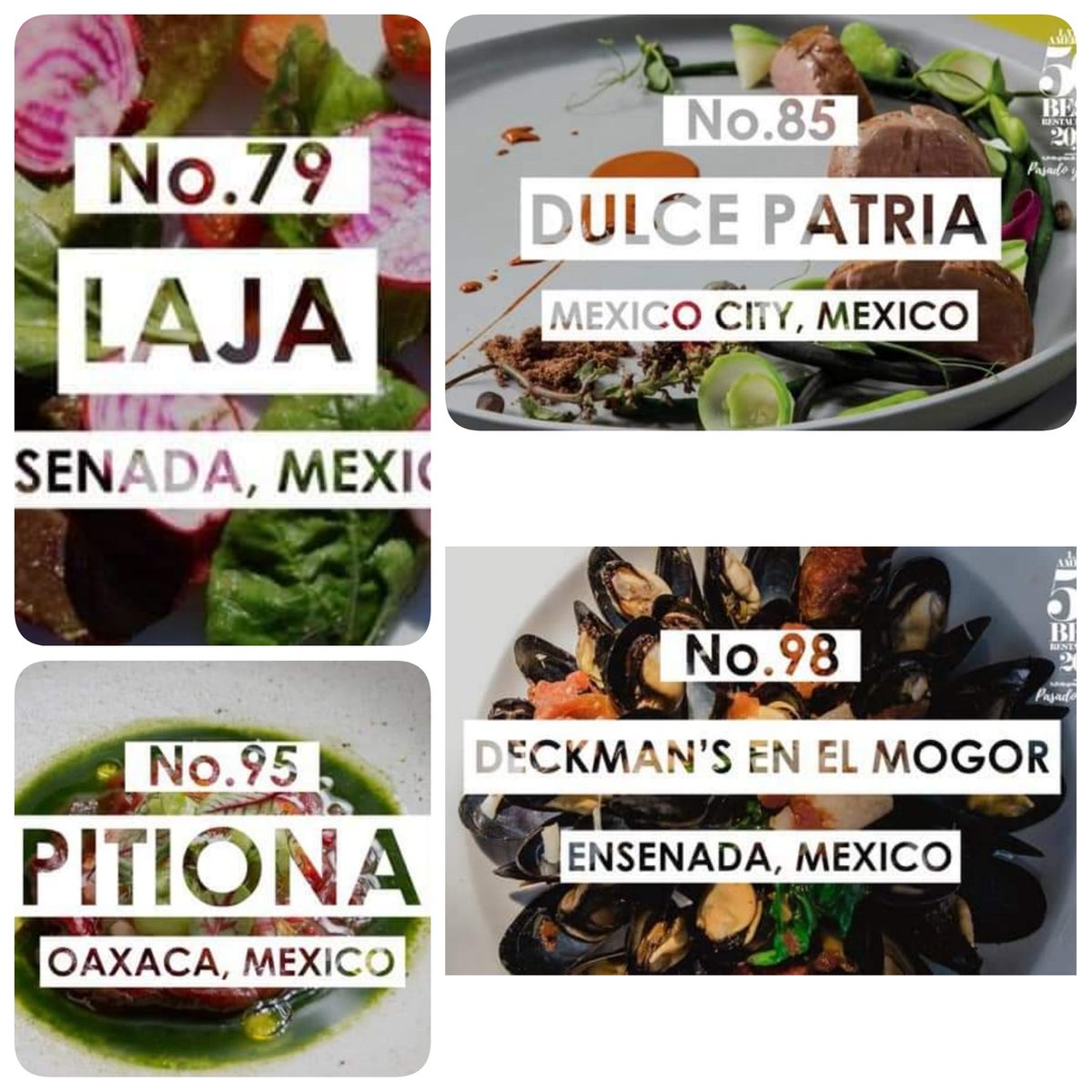 Felicidades a los restaurantes mexicanos reconocidos en la Lista #LatAm50Best 2021: Pasado y Futuro

¡Viva 🇲🇽!

🍽 Conoce la lista completa 👉🏼 <a href="/TheWorlds50Best/">The World's 50 Best</a>