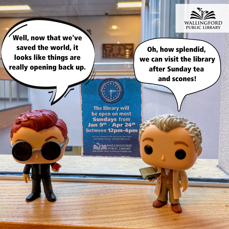 Walpublib's tweet photo. Sunday hours return Jan 9th at a new time--chosen by you! We will be open 12pm-4pm on most Sundays between Jan 9th and Apr 24th. Just enough time for tea and scones before your visit!
#FunkoFriday #FunkoInTheLibrary #PopVinyl #GoodOmens #Crowley #Aziraphale https://t.co/mDBouzKfIc