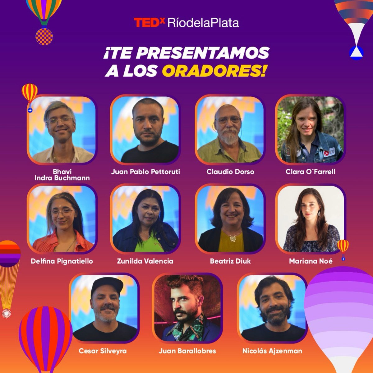 ¡Estos son los oradores de TEDxRíodelaPlata 2021: Ideas en Movimiento!

<a href="/zunilva/">Zunilda Valencia</a>, <a href="/BeatrizDiuk/">Beatriz Diuk</a>, <a href="/clotoson/">ClaudioDorso</a>, <a href="/Nicolas_Ajz/">Nico Ajzenman</a>, <a href="/bhaviboi/">bhavilonia</a>, <a href="/spacegaucha/">Clara O'Farrell</a>, Juan Pablo Petorutti, @DNPignatiello, <a href="/InsomniosAticos/">Mariana Beatriz (aquí tirapiedras; pacífica en 🌃)</a> y <a href="/CesarSilveyraNS/">César Silveyra</a> junto con <a href="/JuanBarallobres/">Juan Barallobres</a>  🔥🔥🔥