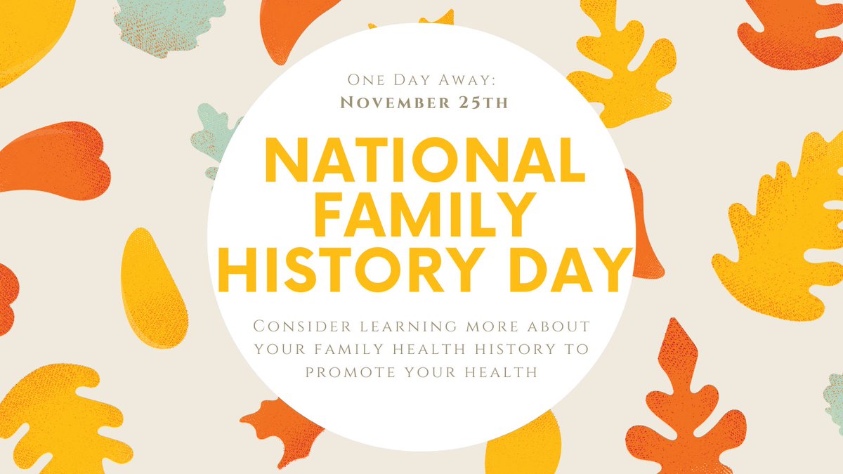 morgen_ma's tweet photo. Thanksgiving is just a day away, and so is National Family History Day- 
Explore the @CDCgov article for ideas on how to better understand your family health history and what actions you could take to help promote your health

https://t.co/bMz9TEwhl7 

#MPH791 https://t.co/nyqnJr7Zsj