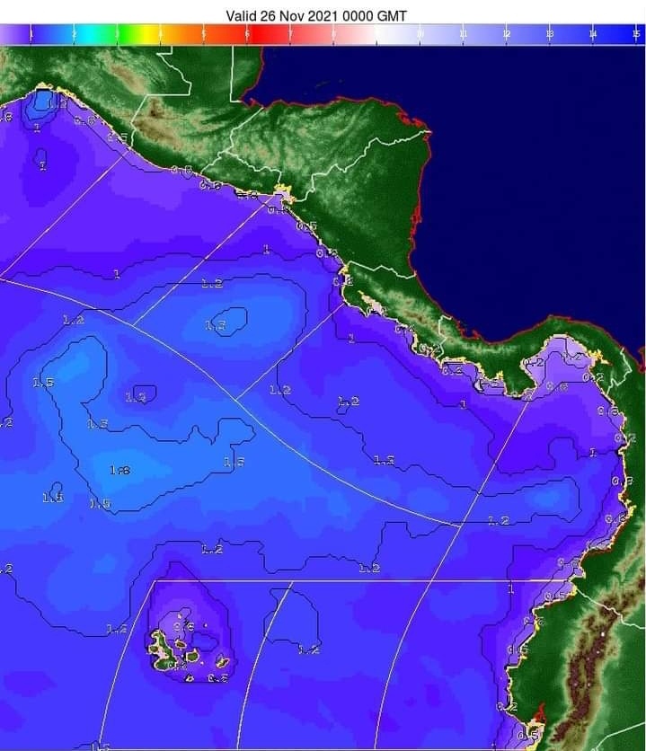 EdnaJaramillotv's tweet image. Altura de las olas (m) para OCEÁNO PACÍFICO ORIENTAL DE CENTROAMÉRICA del 24 al 26 de noviembre del 2021. La escala de valores se observa en la parte superior de la imagen.
Fuente: #PIACT Vía: @donderisja