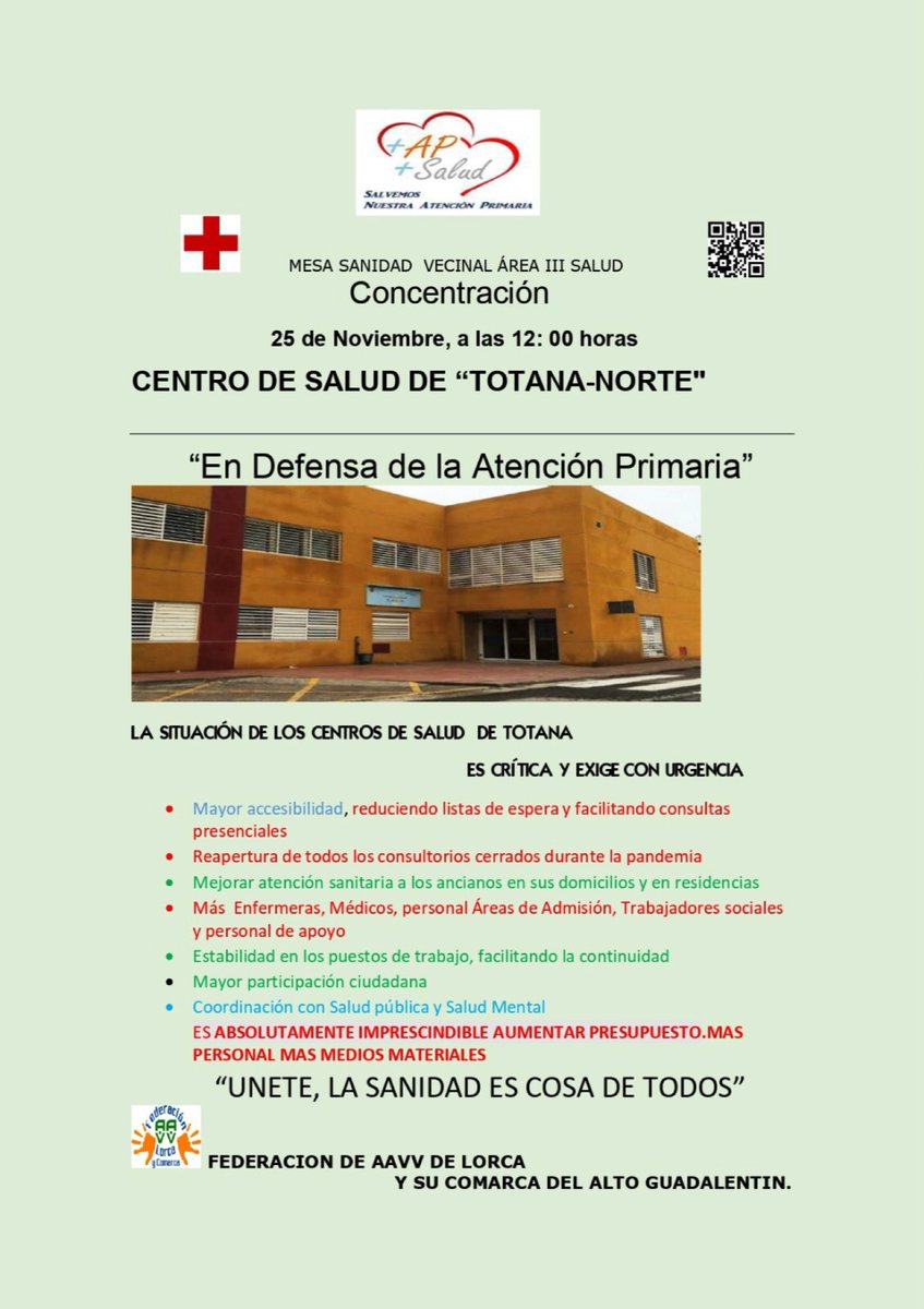 Continúan las concentraciones en los centros de salud para luchar por una Atención Primaria de calidad. Mañana a las 12:00 nos vemos en <a href="/CS_TotanaNorte/">CS Totana Norte</a>  ✊🏻✊🏻#salvemoslaprimaria