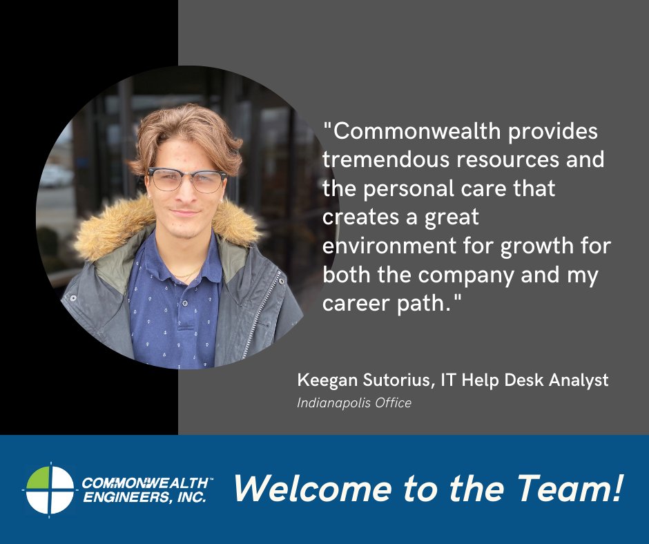 CommonwealthEng's tweet image. A warm welcome to Keegan Sutorius as our new IT Help Desk Analyst! Your skills will be a great addition to our team and company. We are excited to see you grow at Commonwealth. Welcome aboard! #teamcommonwealth
