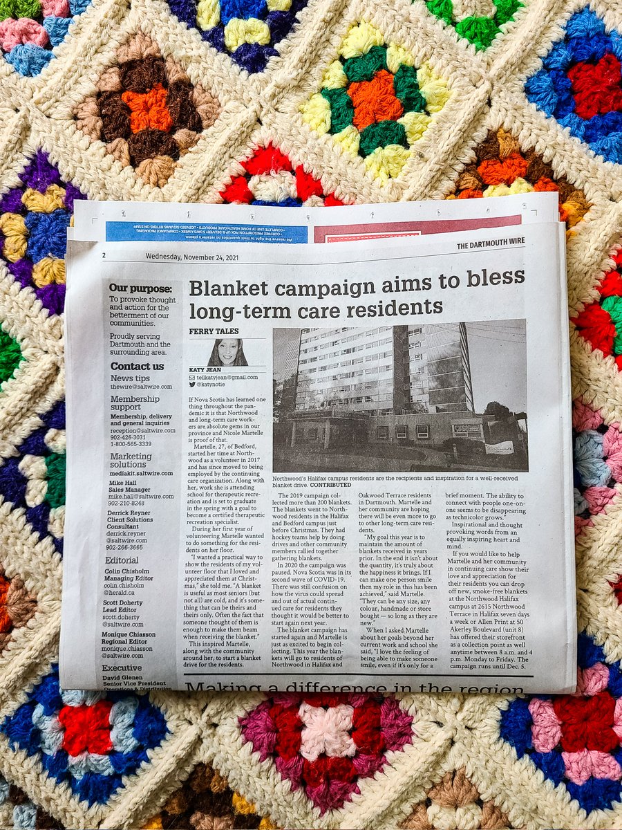 My column this week features @SlicckNic. She gave me her exclusive media interview!
She is collecting blankets to go to long term care residents at Northwood and Oakwood (and maybe more!)
Online Dartmouth Wire here:
saltwire.pressreader.com/the-dartmouth-…