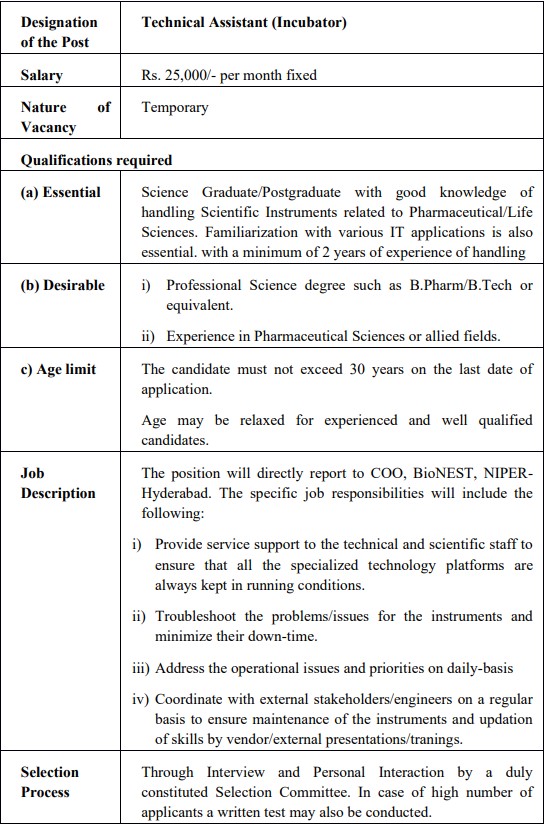 AvishkaranNiper's tweet photo. @AvishkaranNiper invites applications for the position of Technical Assistant.
Last date for application:04.12.2021
@NIPERHyd @Udhaykiron @DrNeeleshMehra 
#recruitment #incubationcenter https://t.co/EyjvtXpdEW