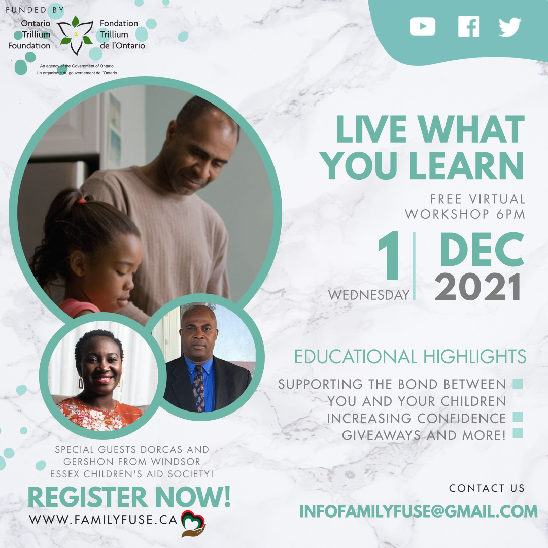 FamilyFuseCan's tweet photo. Come join us on Wednesday December 1st for our free Live What You Learn workshop! Support the bond between you and your child, boost your confidence, and more!
#FamilyFuse #Workshop #FreeWorkshop #LiveWhatYouLearn #BlackCanadian #Windsor #Canada #Ontario https://t.co/rTLtuzRApI
