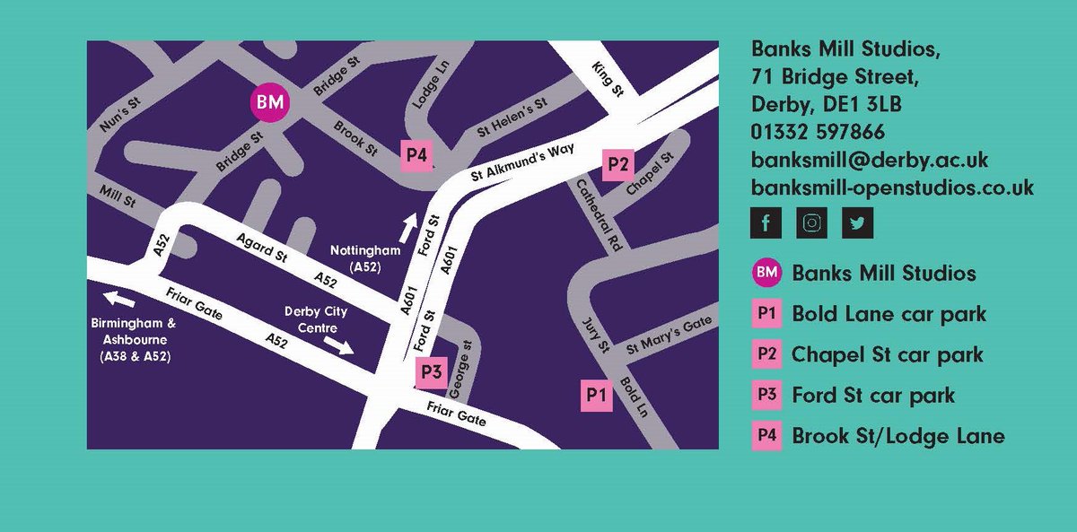 Planning your visit to our #openstudios this weekend? Here's a map to parking around #banksmillstudios. Free limited parking at University sites Lonsdale House (Quaker Way) &amp; Enterprise Centre (Bridge Street) &amp; metered parking at car parks &amp; on street