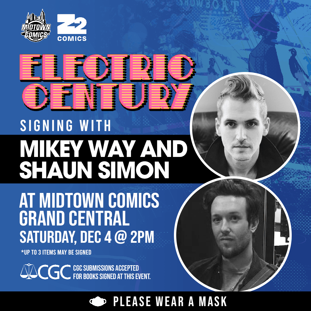 MidtownComics's tweet photo. Sat. Dec 4th 2pm @ #MidtownComicsGrandCentral @mikeyway and @ShaunSimon signing #ElectricCentury from @Z2comics! 3 items including the book may be signed! Please wear a mask! #MidtownComicsSignings #Collapser #MyChemicalRomance #TrueLivesOfTheFabulousKilljoys #TheUmbrellaAcademy https://t.co/xtzucfGvmF