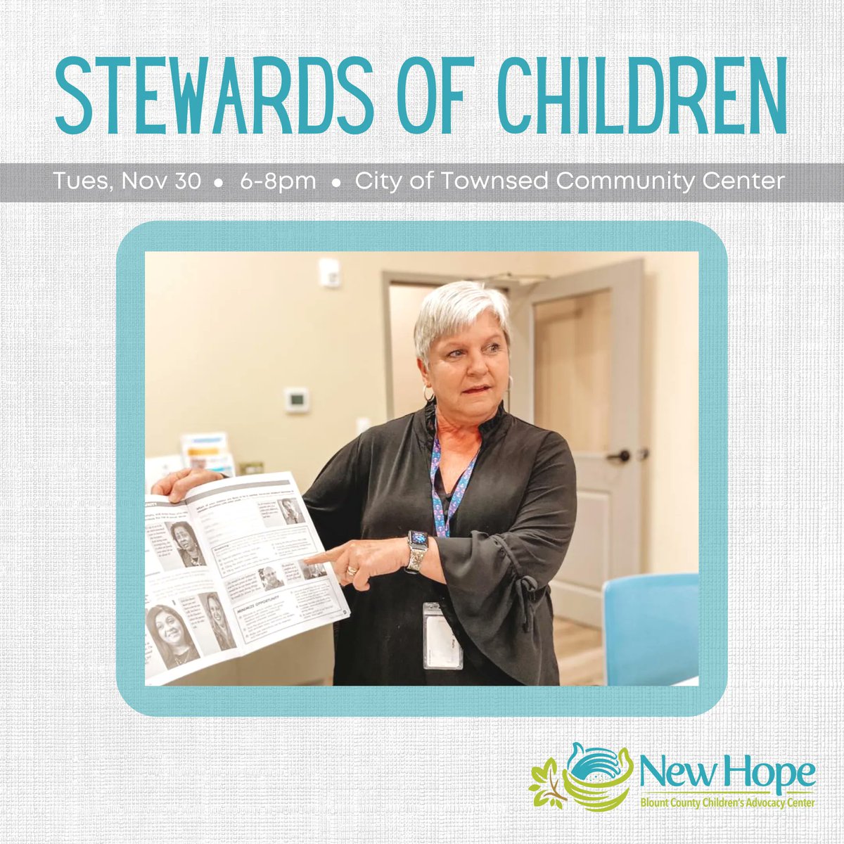 NewHopeCAC's tweet photo. We hope to see you at the City of Townsend Community Center on Tuesday, November 30th for a FREE 2-hour training on how to recognize, respond to, and prevent child sexual abuse. RSPV and learn more about #StewardsofChildren training at https://t.co/dL73DJ7joW. https://t.co/wuLRWvtsXp