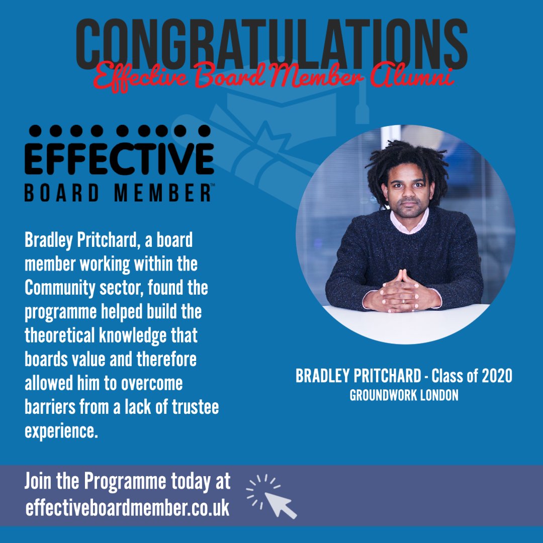 Another EBM Allumni Member we are immensely proud of is Bradley Pritchard, currently serving as a board member at <a href="/GroundworkLON/">Groundwork London</a> 

Massive congratulations from the team here at EBM.

If you would like to get your own placement, learn more by visiting:  effectiveboardmember.co.uk