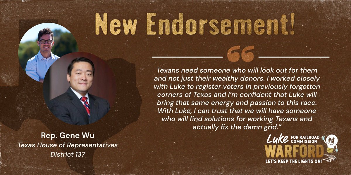 LukeWarfordTX's tweet photo. I had the opportunity to work alongside @GeneforTexas last cycle to scale the innovative programming he was running in #HD137 across the state.
Rep. Wu is always thinking big, and that's the type of vision we need to help solve some of the largest challenges facing our state. https://t.co/3AxdTLs80K