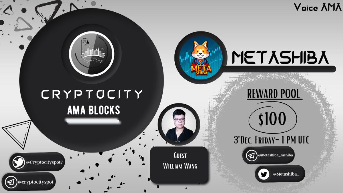 Crypto City is going to hold an AMA with <a href="/Metashiba_/">MetaShiba - Metaverse</a> in @Cryptocityspot7 
Telegram community.
Reward: 
100$
Time: 
December 3rd,2021
 1 PM UTC.
 
Follow 
1. @Cryptocityspot7
2. <a href="/Metashiba_/">MetaShiba - Metaverse</a>
Like , retweet &amp; tag 3 friends.