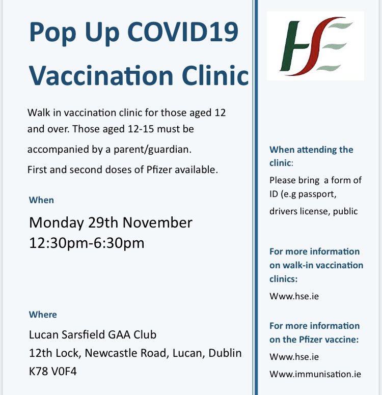 shanemoynihan's tweet image. Vaccination clinic in Lucan Sarsfields Gaa Club on Monday 29 November between 12.30 and 6.30.

#palmerstownfonthill #lucan #palmerstown #clondalkin